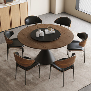 Solid Wood Extendable <b>Dining</b> <b>Table</b> Round Walnut Top Black Base Modern Minimalist Design For <b>Dining</b> Room - Product Image 4