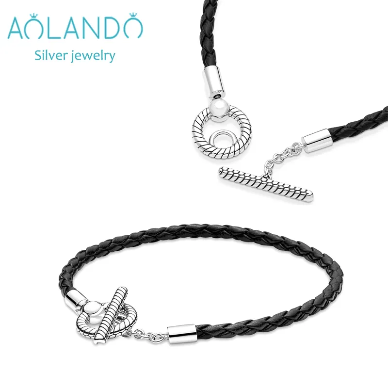 Manufacturers S925 Silver T-buckle Braided Leather Bracelet For Women Gift Fit Pandoraer Charm Pendant Length Can Be Customized