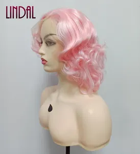 LINDAL curly pink short bob highlights lace front high quality handtied wavy lace wigs short curly synthetic ready to ship