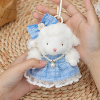 Porte-clés mignon en peluche douce de mouton blanc avec nœud en tweed bleu et perle, breloque de sac, accessoire de mode unisexe, cadeau, 12 cm, coton PP, pour fête