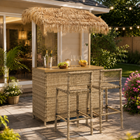 Ensemble de bar de jardin en rotin tressé de style Tiki avec toit en chaume, 2 tabourets de bar et structure en acier