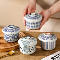 Bol japonais rétro Chawanmushi en céramique, pot à ragoût, bol à œufs à la vapeur, bol à soupe à la vapeur avec couvercle
