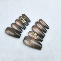 Uñas artificiales hechas a mano puras, gel de ojo de gato marrón café medio-largo, alta calidad y reutilizable