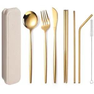 Sustainable Camping Travel Cutlery Set Wheat Straw Travel Cutlery Set Outdoor Stainless Steel Eco Portable Cutlery Set