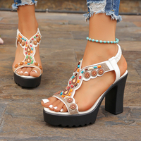 Sandales à plateforme bohèmes à bout ouvert pour femmes, ornées de perles, avec bride élastique à la cheville, talon bloc épais, chaussures d'été pour soirée