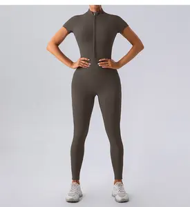 2024 Sustainable Newest Zipper Short-sleeved Yoga Jumpsuit 1 Piece Women Sportswear Tummy Control Fitness Pants Bodysuit
