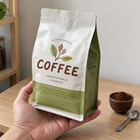 Sachet à café vert et blanc imprimé à fond plat avec soufflet latéral et encoche de déchirement pour l'emballage de café en grains entiers ou moulu – Idéal pour la vente au détail