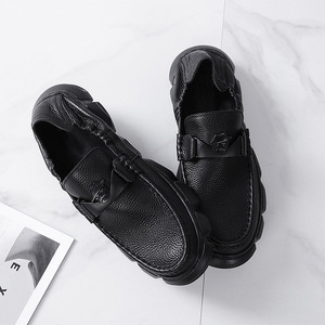 Chunky Loafers Men Genuine Leather <b>Round</b> Toe Slip-On <b>Cushioned</b> All Seasons Black Casual Shoes - Product Image 2