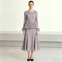 Robe midi plissée artisanale lourde à pompons 3D, manches longues, élégante, minimaliste, pour le bureau ou les soirées, robes modestes, vente en gros OEM ODM