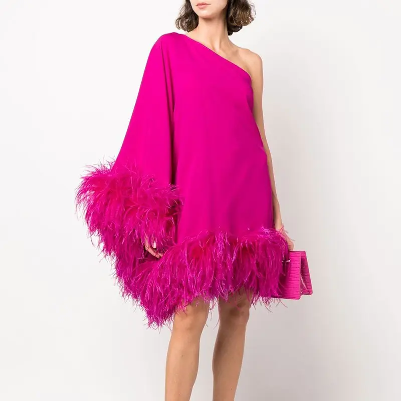 New season woman feather trim magenta one shoulder mini dress