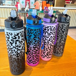 Leopard Print Sports Water Bottle 1L Reusable Plastic Duckbill Cup Outdoor Large Capacity Straw Cup - Product Image 2