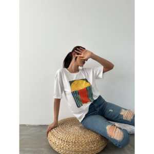 T-shirt basique imprimé pour femme, 100% coton jersey, respirant, manches régulières - Product Image 4