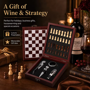Coffret Cadeau Luxe 2-en-1 Échecs et Vin – Kit Complet d'Outils à Vin et Pièces d'Échecs – Cadeau Unique pour Anniversaire ou Anniversaire <span class=keywords><strong>de</strong></span> Mariage - Product Image 3