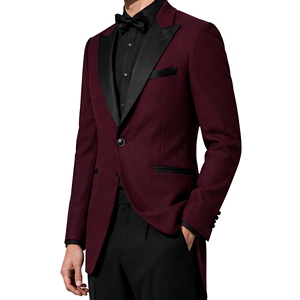 Blazer de smoking en satin bordeaux pour homme avec revers noir, coupe ajustée, un bouton, style queue-de-pie, dernière conception, veste à revers pointus - Product Image 5