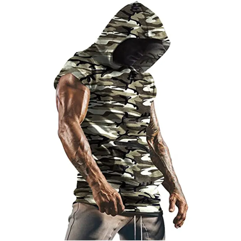 Wholesale Men Fashion Muscle T Shirts Hooded Workout Shirts with Pocket