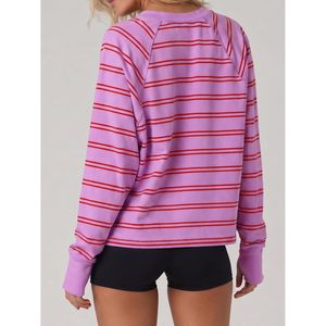 T-shirt rayé personnalisé pour femme à manches longues, col rond, manches raglan, coupe ample, décontracté, avec trous pour les pouces et fentes latérales - Product Image 4