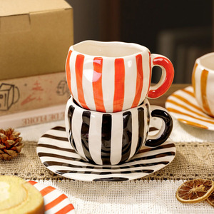 Wholesale Hand Painted Striped Coffee <b>Cup</b> and Saucer <b>Set</b> Modern Afternoon Ceramic <b>Tea</b> <b>Cup</b> <b>Set</b> - Product Image 3