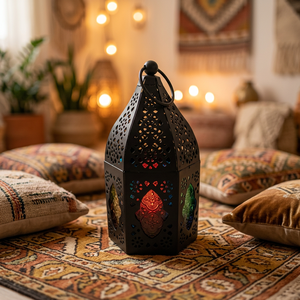 Moroccan Metal <b>Lantern</b> <b>Candle</b> Holder, Handmade Antique Brass Hanging Tealight <b>Lantern</b> with Colored Glass, Wholesale Home Decor - Product Image 1