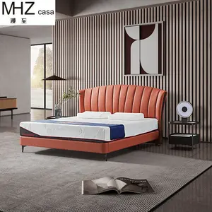 MHZ casa-Lit LED rembourré en cuir moderne, lit queen/king size avec coussin doux et cadre de lits ondulés pour meubles de maison