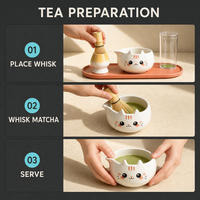 Ensemble de thé en céramique de style japonais avec bol à matcha, fouet à matcha (Chasen) et motifs d'animaux mignons, coffret cadeau portable