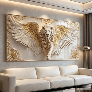 <span class=keywords><strong>Quadro</strong></span> Orizzontale 3D Personalizzato con <span class=keywords><strong>Leone</strong></span> Bianco Alato, Decorazione da Parete con Glitter Dorato per Ufficio e Casa, Stampa su Porcellana Cristallina con LED - Product Image 5