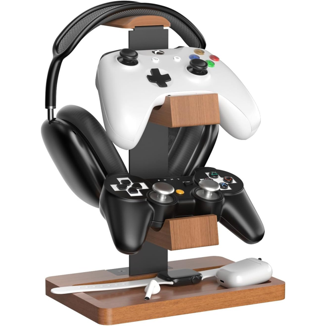 Headset Stand Gaming Controller Holder with Storage Base Desktop Accessories Wooden Headphones Holder Gaming Earphone Stand