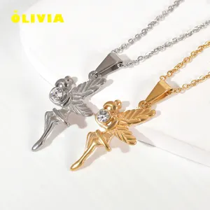 Dainty Women Fairy Necklace 18K Gold Silver Cubic Zircon Charm Fashion Stainless Steel Angel Wing Pendant Necklace