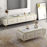 Ensemble de meuble TV et table basse de luxe moderne avec panneaux en bois et plateau en verre pour salon d'appartement, mobilier de maison