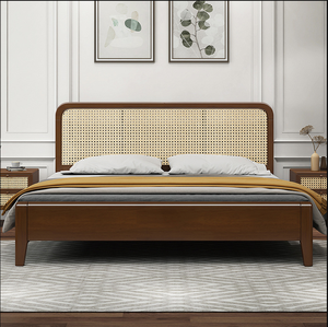 Cama doble de madera sólida bilateral de ratán, conjunto de muebles de dormitorio, cama de desayuno - Product Image 3