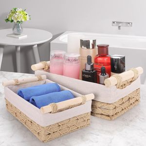Rattan Woven Storage <b>Basket</b> Rectangle Canvas Lined Handmade For Kitchen Countertop Organization - Product Image 2