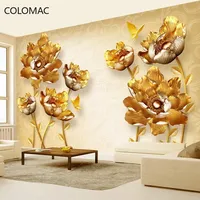 Papier peint mural 3D personnalisé à coller, motif pivoine dorée de luxe européen, pour décoration murale de salon
