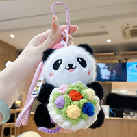Adorable Porte-clés Pendentif Sac à Dos en Peluche Panda Géant Réaliste Tricoté avec Fleur, Cordon Tressé à la Main