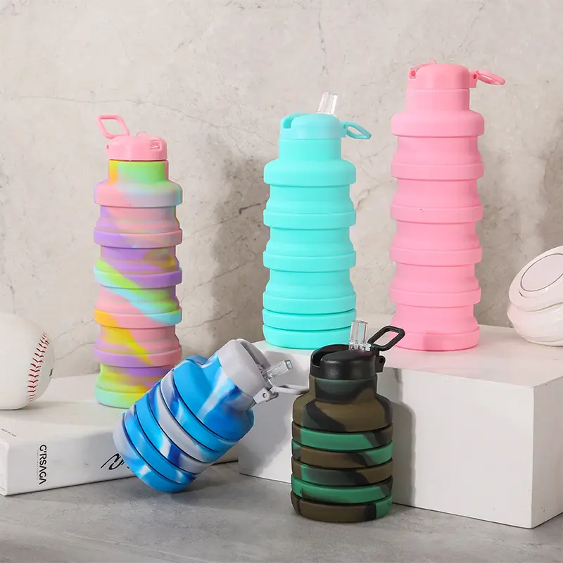 500ml Collapsible Silicone Sports Water Bottles Leakproof Folding Water Bottle with Straw Cap