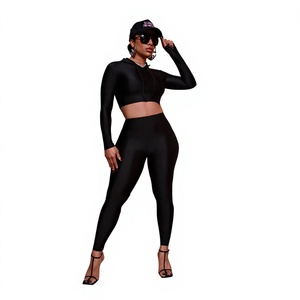 Combinaison noire à manches longues et à capuche pour femme, taille haute, coupe ajustée, fermeture éclair, couleur unie, toutes saisons, streetwear, clubwear - Product Image 1