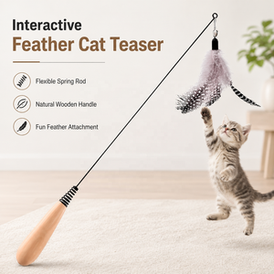 Varita de juguete para gatos con mango de madera, plumas, cascabel y cabezal intercambiable de alambre flexible, juguete interactivo de caza para gatitos, venta al por mayor - Product Image 1