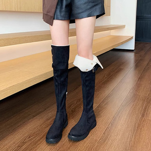 Black Chunky Heel Knee <b>Boots</b> with Lace-Up Closure Genuine Leather Upper Padded Heel Lining 8.5cm Platform Sole - Product Image 4