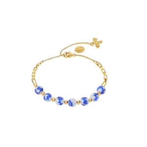 Fine <b>Charm</b> Bracelet 316L Stainless Steel PVD Gold Plating Bee Pendant Blue White Beads - Product Image 2