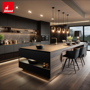 Alland Popular Sale Luxury Custom Flat Slab Door Plywood Wood Melamine Matte Modern Black Kitchen <strong>Cabinet</strong> With Contemporary - Product Image 1