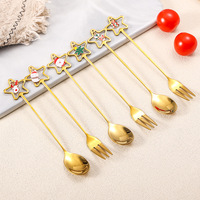 Ensemble de couverts dorés festifs 6 pièces, cuillère et fourchette à motif étoile de Noël, breloques émaillées renne, bonhomme de neige, Père Noël, sapin, coffret cadeau, ensemble de table de fêtes