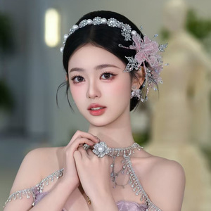 Женский минималистичный современный аксессуар для волос с жемчугом, мечтательное украшение для головы в свадебном стиле, розовый хрустальный цветок, набор заколок для волос - Product Image 2