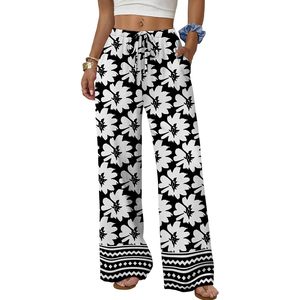 Women's Linen Summer Palazzo Pants Wide Leg High Waist <b>Flowy</b> Beach Trousers With Pockets Breathable - Product Image 1