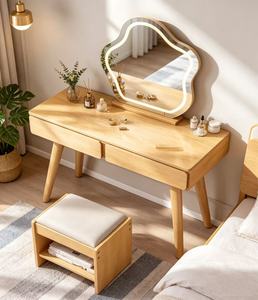 Scandinavian Solid Birch Makeup <b>Vanity</b> With <b>Lighted</b> <b>Mirror</b> And Stool Bedroom Dressing Table Set - Product Image 4
