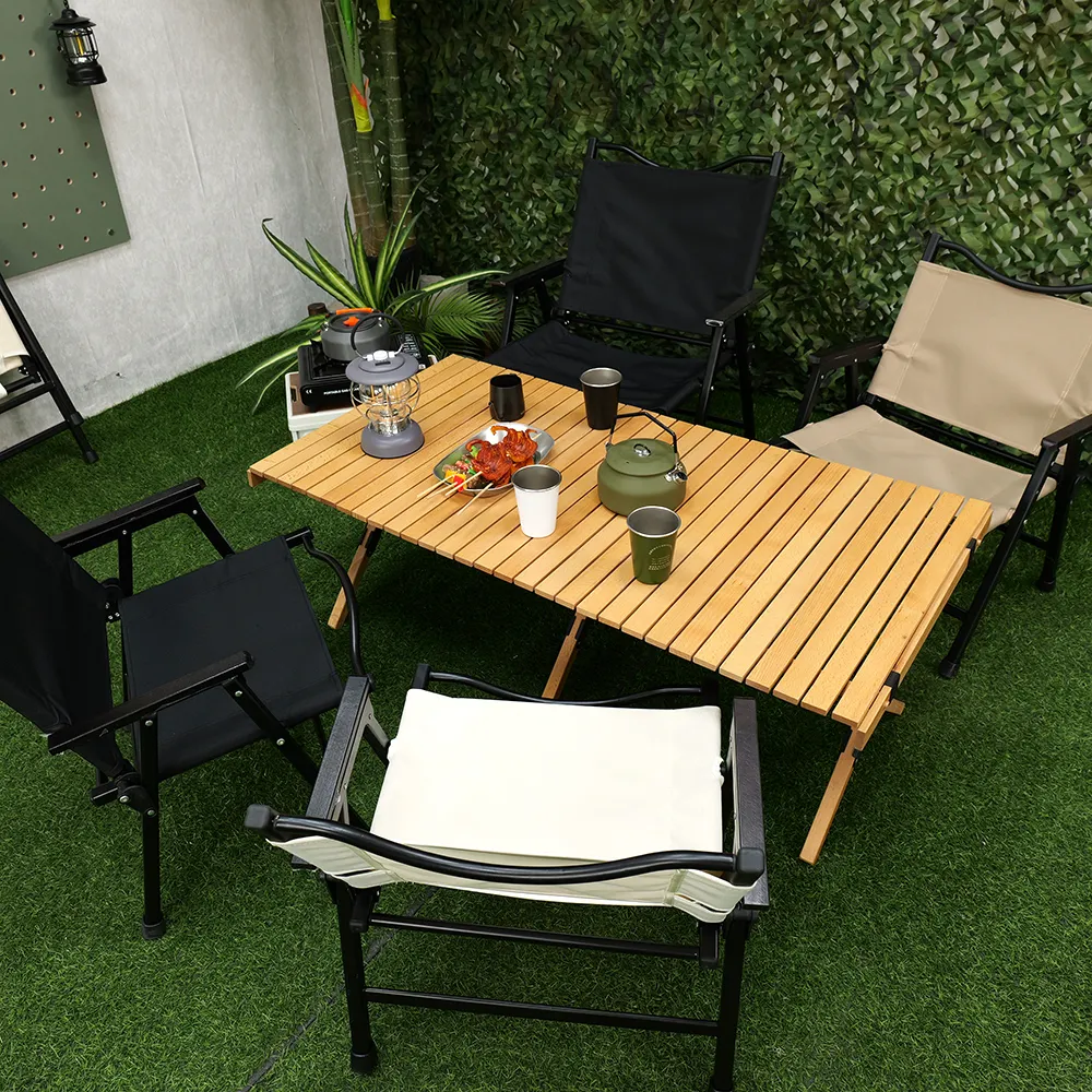 Conjunto de mesa e cadeira dobrável para madeira e piquenique de vinho e churrasco, móveis OEM de bambu redondo pequeno para acampamento ao ar livre, fácil e portátil