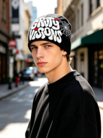 Bonnet d'hiver tricoté double face style Y2K avec lettres jacquard et blocs de couleur personnalisés pour adultes – Vente en gros