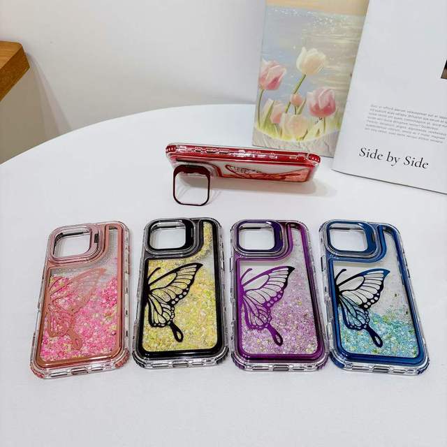 Factory Direct Sale 3 in 1 360 liquid butterfly Glitter Phone Cases Funda for Iphone 17 pro max fundas cover