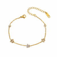PVD Gold Plated Rolo Chain Women Bracelet, 5-Petal Flower & Hollow Ring CZ Charms Daily Elegant Wrist Jewelry Bulk Wholesale