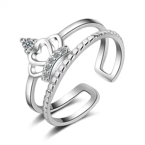Adjustable Cubic Zirconia 925 Sterling Jewelry Women Silver Crown Ring