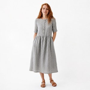 Produzione di Abbigliamento OEM, <span class=keywords><strong>Abito</strong></span> Personalizzato in Cotone e Lino, <span class=keywords><strong>Camicia</strong></span> a Maniche Corte, Vestito <span class=keywords><strong>Midi</strong></span> Plissettato a Vita Alta - Product Image 1