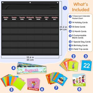 Classroom <b>Calendar</b> Pocket Chart Nylon Wall Hanging With 88 Cards For Homeschool And Office Use - Product Image 5