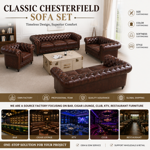 Ensemble de mobilier de bar à cigares vintage en <span class=keywords><strong>cuir</strong></span> capitonné, comprenant un canapé <span class=keywords><strong>Chesterfield</strong></span>, un causeuse, des fauteuils et une table basse coffre pour club - Product Image 5